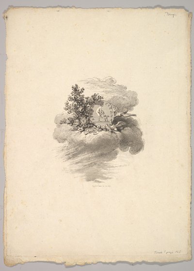 Vinjetti, jossa kolikko pilvessä, ruusut vasemmalla ja kyyhkyset alla ja oikealla..., 1778-80. tekijältä Augustin de Saint Aubin