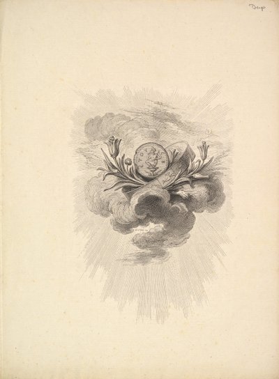 Vinjetti mitalilla, joka kuvaa Harpokratea ja lootuskukkia, osa I, sivu 12, vuodelta D..., 1778-80. tekijältä Augustin de Saint Aubin