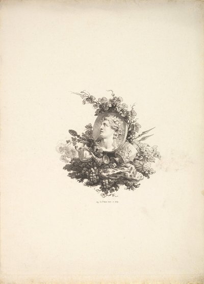 Vinjetti, jossa on Bacchuksen pää korneolilla, Tome I, sivu 242, julkaisusta Description de..., 1778-80. tekijältä Augustin de Saint Aubin