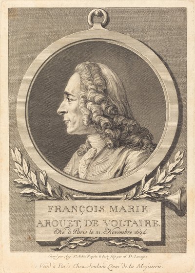 Voltairen Francois Marie Arouet tekijältä Augustin de Saint Aubin after Jean Baptiste Lemoyne II