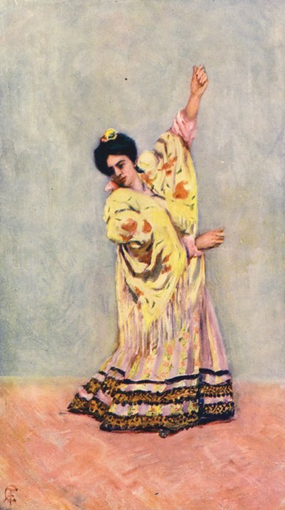 Espanjalainen mustalainen tanssii tangaa (värilitografia) tekijältä Augustine Fitzgerald