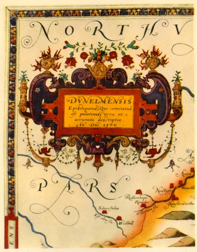 "A. Rytherin piirros Saxtonin Durhamin kartalla, 1576", 1944. tekijältä Augustine Ryther