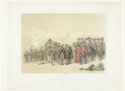 Wegvoeren van burgers in gevangenschap door Spaanse soldaten, 1567 De verdrukking door Spanje (title on object) tekijältä Augustinus Jacobus Bernardus Wouters