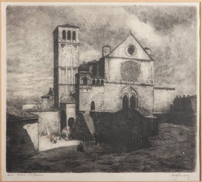 Assisi, Pyhän Franciscuksen basilika (etsaus paperille) tekijältä Augusto Baracchi