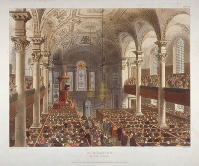 St Martin-in-the-Fieldsin kirkon sisustus, Westminster, Lontoo, 1809 tekijältä Augustus Charles Pugin, Thomas Rowlandson