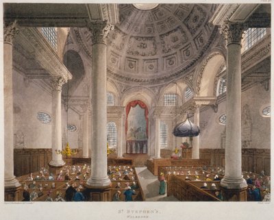 St Stephen Walbrookin kirkon sisätilat jumalanpalveluksen aikana, Lontoon kaupunki, 1809 tekijältä Augustus Charles Pugin, Thomas Rowlandson