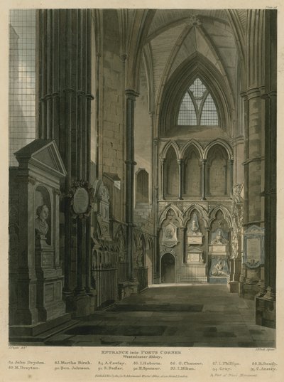 Sisäänkäynti Poets Corneriin, Westminster Abbey, Lontoo tekijältä Augustus Charles Pugin