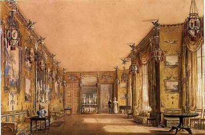 Brighton Pavilionin keltaisen olohuoneen sisustus, n. 1820 (akvarelli ja guassi paperille) tekijältä Augustus Charles Pugin