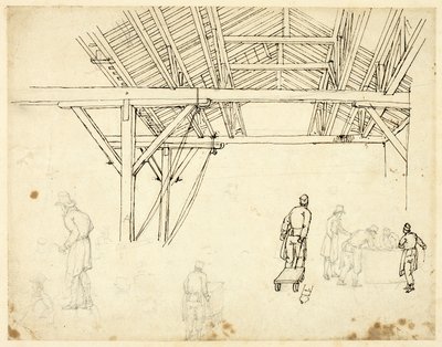 Hylätty tutkimus, mahdollisesti Custom House -kuvaa varten, Lontoon Microcosmilta (recto); Luonnoksia työntekijöistä tynnyreineen (käänteinen) tekijältä Augustus Charles Pugin