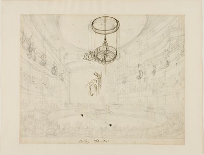 Tutkimus Astleyn teatteria varten (etusivu); Tutkimus Astleyn amfiteatterin kristallikattiloita varten (kääntöpuoli). tekijältä Augustus Charles Pugin