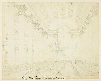 Egyptian Hall Mansion House -rakennusta varten tehty tutkimus, Lontoon mikrokosmoksesta. tekijältä Augustus Charles Pugin