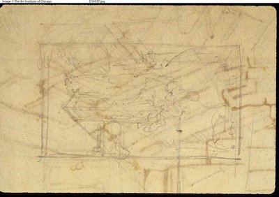 Study for Exhibition Room, Somerset House, Microcosm of London (recto); Luonnos maalauksesta: Madonna ja lapsi (käänteinen) tekijältä Augustus Charles Pugin