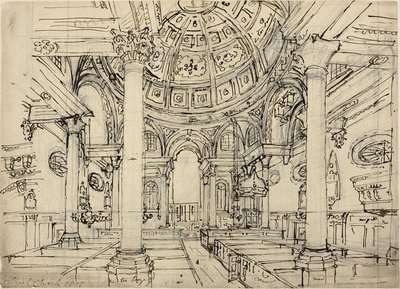Tutkimus Walbrookin kirkolle (recto); Luonnokset purjeveneistä, miehistä ja jollaista (käänteinen) tekijältä Augustus Charles Pugin