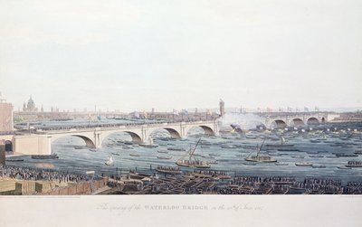 Waterloon sillan avaus 18. kesäkuuta 1817, kaiverrettu A. Pugin W. Findlaterin piirroksesta, kaiverrus R. Havell ja Son, 1818 (värikaiverrus) tekijältä Augustus Charles Pugin