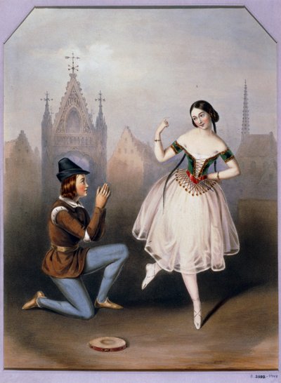 Carlotta Grisi Esmeraldana ja Jules Perrot Gringoire - La Esmeralda, baletti 3 näytöksessä ... (litografia) tekijältä Augustus Jules Bouvier