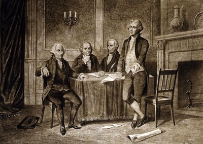 Mannermaan kongressin johtajat 1775: John Adams, Robert Morris, Alexander Hamilton, Thomas Jefferson, Augustus Tholeyn piirros (1894). tekijältä Augustus Tholey