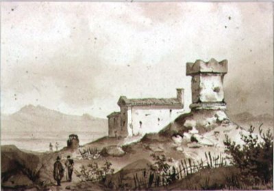 Italialainen maisema ja antiikin roomalainen sarkofagi (piirustus) tekijältä Augustus Wall Callcott