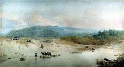 Näkymä Yorkshireen, joki ja karja, (piirustus) tekijältä Augustus Wall Callcott