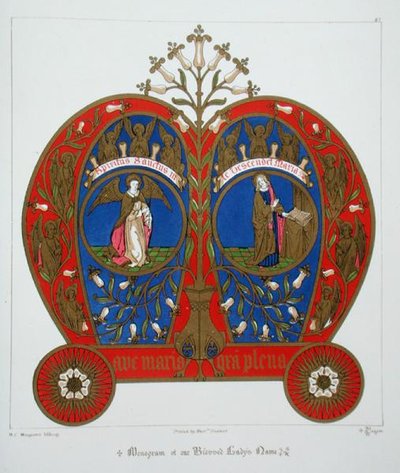 Siunatun Ladymme nimen monogrammi, kirjasta "The Glossary of Ecclesiastical Ornament and Constume", litografia H.C. Maguire tekijältä Augustus Welby Northmore (after) Pugin
