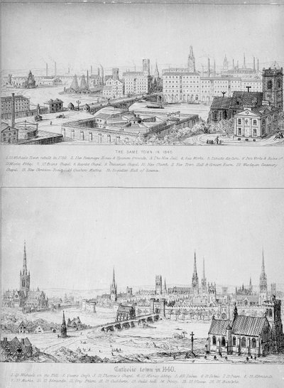 Katolinen kaupunki vuonna 1440 ja sama kaupunki vuonna 1840 tekijältä Augustus Welby Northmore Pugin