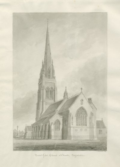 Cheadle - roomalaiskatolinen kirkko (St Giles): seepiapesupiirros tekijältä Augustus Welby Northmore Pugin