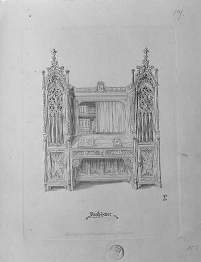 Suunnittelu goottityyliselle kirjahyllylle, n. 1835 tekijältä Augustus Welby Northmore Pugin