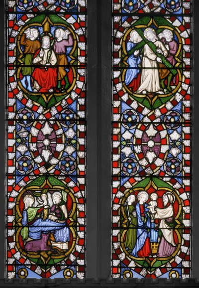 Rukousnauhan salaisuudet, kappelin itäikkuna, yksityiskohta, 1847 (lasimaalauksia). tekijältä Augustus Welby Northmore Pugin
