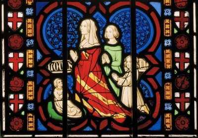 Puginin toinen vaimo Louisa ja hänen tytärpuolensa Anne sekä hänen kaksi tytärtään Agnes ja Katherine, kappelin itäikkuna, noin 1844 (lasimaalauksia). tekijältä Augustus Welby Northmore Pugin