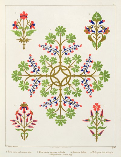 Ruusukuvioinen tapettisuunnittelu, painatus M. und N. Hanhart tekijältä Augustus Welby Northmore Pugin