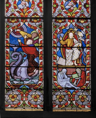 Tyypit ja vastatyypit: Jona ja valas sekä ylösnoussut Kristus, yksityiskohta, 1850 (lasimaalauksia). tekijältä Augustus Welby Northmore Pugin