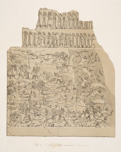 Taistelukenttä (Kouyunjik), teoksesta Monuments of Nineveh, pub. 1849 tekijältä Austen Henry Layard