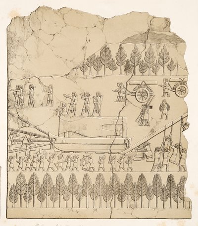 Assyrialaiset siirtävät siivellistä härkää kelkassa (Kouyunjik), Niniven monumenteista, pubista. 1849 (kaiverrus) tekijältä Austen Henry Layard