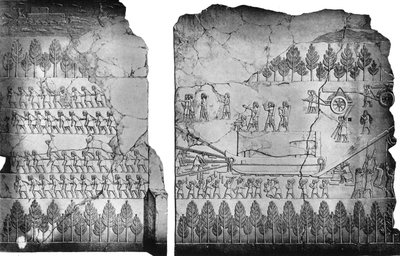 Assyrialaiset liikuttavat siivellistä härkää, 700-luvulla eKr., 1900-1920. tekijältä Austen Henry Layard