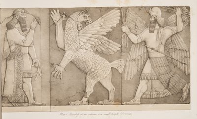 Basreliefit pienen temppelin (Nimroud) sisäänkäynnillä, Monuments of Niniven pubista. 1849 tekijältä Austen Henry Layard