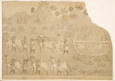 Sennaheribin vaunut ja palvelijat sekä linna vuorella (Kouyunjik), Niniven muistomerkit, pub. 1849 tekijältä Austen Henry Layard
