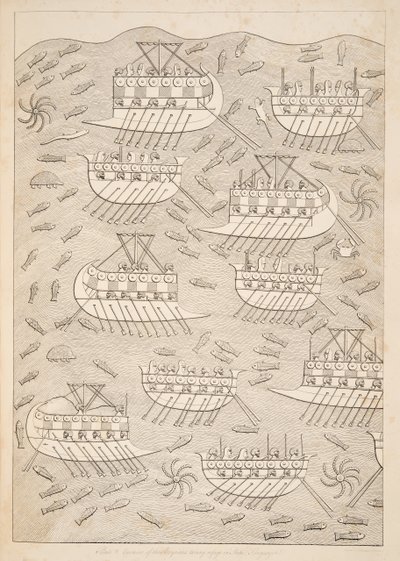 Assyrialaisten viholliset turvautumassa laivoille (Kouyunlik), Niniven monumenteista, pubista. 1849 tekijältä Austen Henry Layard