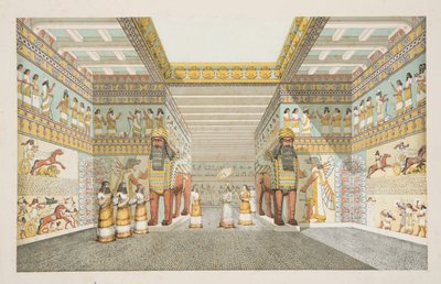 Assyrialaisen palatsin salin jälleenrakennus Niniven monumenteista, pub. 1849 (käsinvärinen kaiverrus) tekijältä Austen Henry Layard