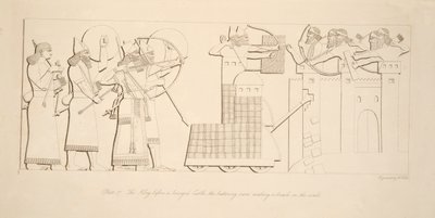 Kuningas piiritetyn linnan edessä, pahoinpitelypässi murtautumassa seiniin, Niniven monumenteista, pubista. 1849 tekijältä Austen Henry Layard