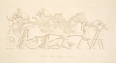 Soturit taistelevat vaunuissa, Niniven monumenteista, pubista. 1849 tekijältä Austen Henry Layard