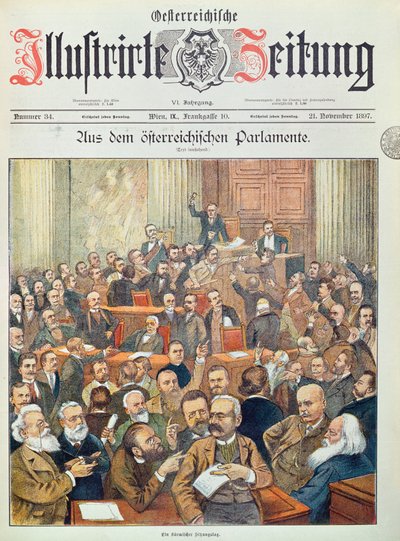 Myrskyinen istunto Itävallan parlamentissa Wienissä, 1897 tekijältä Austrian School