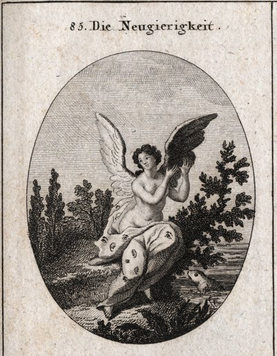 Allegorie de curiosite esitetään verhoilla, joissa on korvat ja silmät. Siivet koholla. Kaiverrus "" Ikonologia tai ideoita intohimojen ja allegorioiden alalta, kuvainnollisesti esitetty piirtäjille, maalareille, runoilijoille, tutkijoille, kouluttajille j tekijältä Austrian School