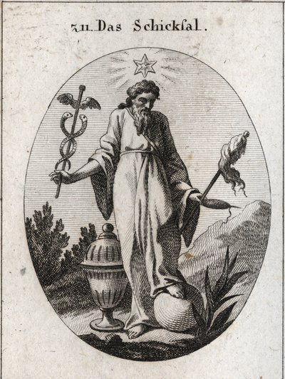 Allegoria kohtalosta. Sen yläpuolella oleva tähti kertoo astrologiasta ihmiselämän tapahtumista. Hän pitelee toisella kädellä voimansa lehtipuusymbolia ja toisella russanhäntäsymbolia ja fiuseaua, jonka katkennut lanka osoittaa elämän haurautta. Maa h tekijältä Austrian School