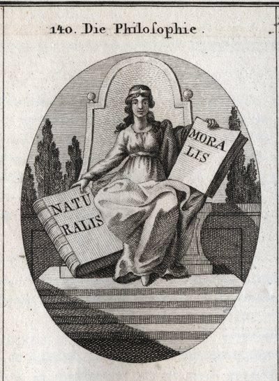 Filosofian allegoria istuu marmoritornilla useiden portaiden yläpuolella. Hänellä on kultainen diadeemi otsassa ja hänellä on kaksi avointa kirjaa "" Naturalis"" (Luonto) ja "" Moralis"" (Moraali). Kaiverrus "" Iconologie oder Ideen aus dem Gebiete der Lei tekijältä Austrian School