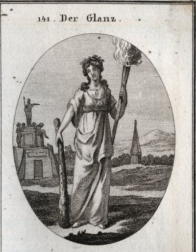 Allegoria loistosta. Klubi, johon se luottaa, on hyveiden symboli. Ketju ja kultamitali ovat palkinto. Valo soihtu on kevyt kauniisiin tekoihin. Kaiverrus "" Iconologie oder Ideen aus dem Gebiete der Leidenschaften und Allegorien bi tekijältä Austrian School