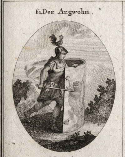 Epäilyn allegoria leikkaa kilven taakse, jonka päällä seisoo leijona, aristoteleen mukaan epäilyn symboli, ja kukko kypärässä, joka edustaa valppautta. Kaiverrus "" Iconologie oder Ideen aus dem Gebiete der Leidenschaften und Alleg tekijältä Austrian School