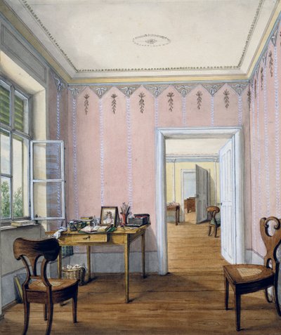 Biedermeier-tyylinen sisustus, noin 1840, akvarelli, Itävalta tekijältä Austrian School