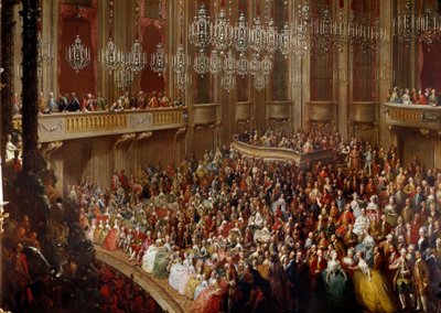 Konsertti Wienissä keisarillisen perheen läsnäollessa. 1700-luvun itävaltalaisen koulukunnan maalaus. Schonbrunnin linna tekijältä Austrian School