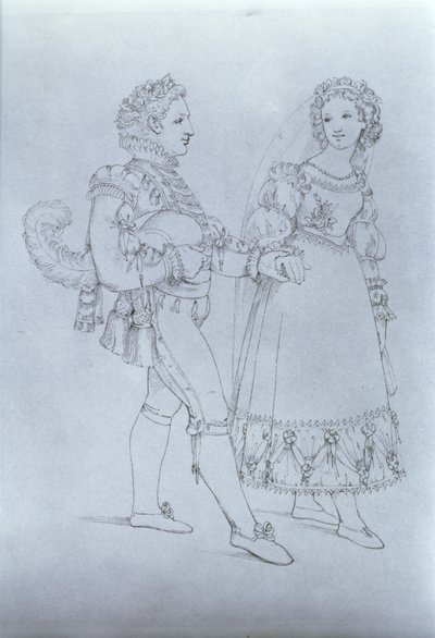 Pukusuunnittelu Figarolle ja Susannalle Wolfgang Amadeus Mozartin (1756-91) oopperasta "Figaron häät" (kaiverrus) tekijältä Austrian School