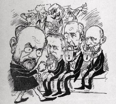 Emile Zola yrittää avata lukkoja, jotka sulkevat presidenttien Jean Casimir-Perierin (1847-1907) ja Felix Fauren (1841-1899) sekä neuvoston puheenjohtajan Jules Melinen (1838-1925) suuta, samalla kun taustalla Henri Rochefort (1831-1913) kertoi Com tekijältä Austrian School