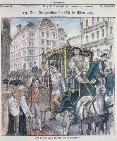 Itävallan keisari Franz Josef saapuu Pyhän Tapanin katedraaliin Wienissä juhlimaan Corpus Christin (Fronleichnam) juhlaa 1897; tekijältä Austrian School